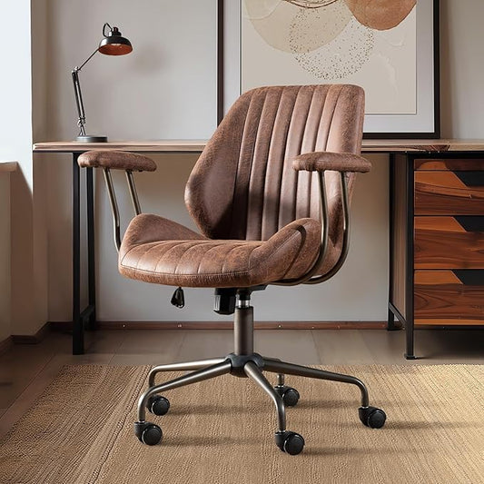Mid Century Modren Office Chair,High Back Ergonomic Executive Chair with Lumbar Support, Computer Desk Swivel Task Chair with Wheels, Faux Lether Suede Fabric Home Chair (Dark Brown, Mid Back)