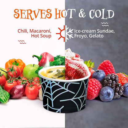 Paper Ice Cream Cups, 50-Count 9-Oz Disposable Dessert Bowls for Hot or Cold Food, 9-Ounce Halloween Party Supplies Treat Cups, Spider Web, Black