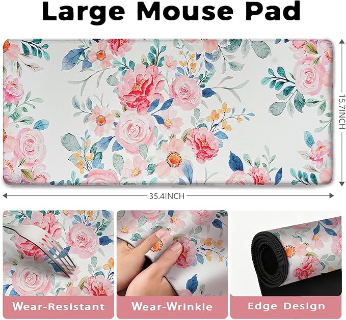 Watercolor Pink Flower Patterns Desk Mat, Large Gaming Mouse Pad Non-Slip Rubber Base with Stitched Edges, Waterproof Protection for PC Laptop Home Office Desk Decor (35.4x15.7in)