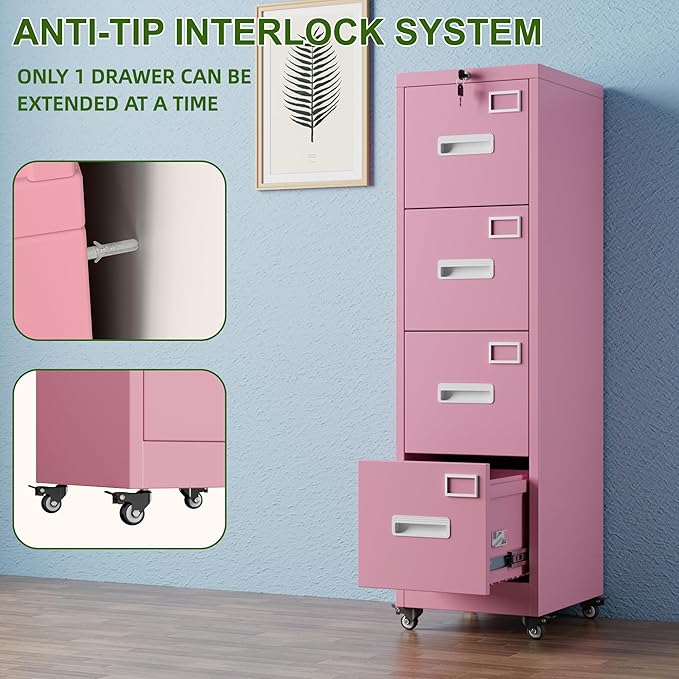 Aobabo File Cabinet 4 Drawer with Wheels, Lockable Office Metal Filing Cabinet with Name Card for Office and Home,Assembly Required,Pink