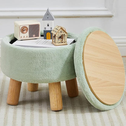 Small Foot Stool Ottoman with Storage, Faux Fur Ottoman Foot Rest for Couch, Round Footstool with Storage, Small Ottomans and Footstools for Living Room and Entryway (Light Green)