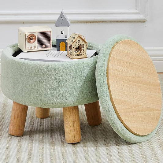Small Foot Stool Ottoman with Storage, Faux Fur Ottoman Foot Rest for Couch, Round Footstool with Storage, Small Ottomans and Footstools for Living Room and Entryway (Light Green)