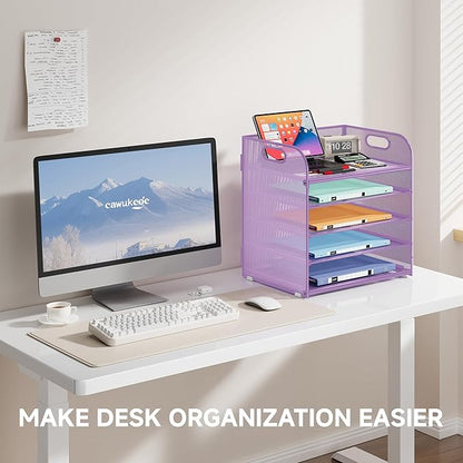 5 Tier Paper Organizer with Handle, Metal Mesh Desk Organizer File Folder Paper Letter Tray Desktop Document Sorter for Classroom, School, Office Accessories Organization and Storage - Purple
