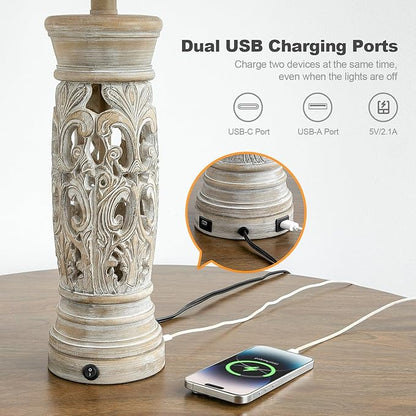 BOBOMOMO 27.25” Rustic Farmhouse Table Lamps Set of 2 – Vintage Bedside Lamps with Night Light & USB A+C Ports, Retro Lamps for Bedroom, Living Room, Entryway, Cozy Corner (Bulbs Included)
