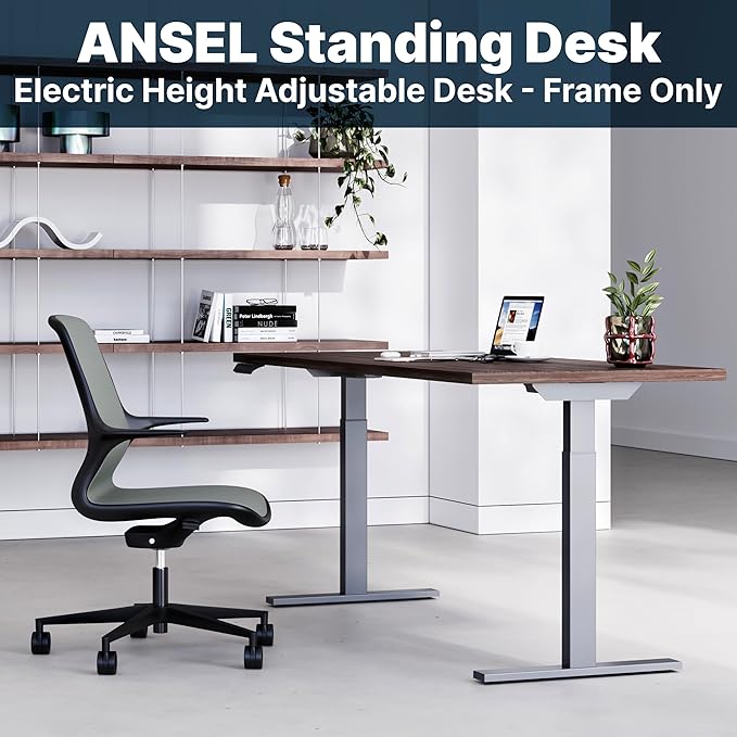 Ansel Dual Electric Motor Desk Frame, 2-Stage Reverse Column Height Adjustable, Home Office Computer Workstation Sit Standing, Memory Keypad, 300lbs Capacity, for tops up to 24"x70", Silver-Frame Only