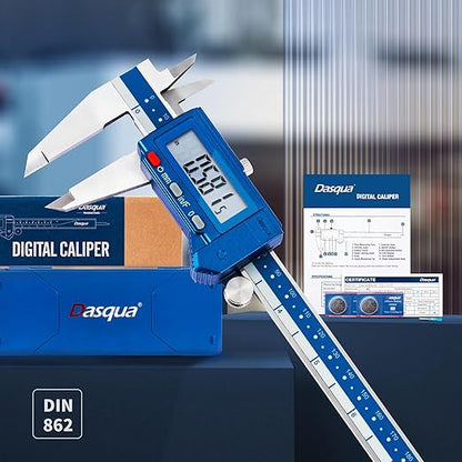 Dasqua Digital Caliper 8", IP54 Stainless Steel Water Resistant Caliper with Large LCD Display and Storage Case, Easy Switch Between Inch/Metric/Fraction, Accuracy 0.001'', Precision Measuring Tool