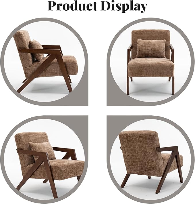 Mid Century Modern Accent Chair with Solid Wood Frame，Upholstered Chenille Living Room Arm Chairs with Pillow for Bedroom, Living Room, Reading Room, Balcony (1, Brown)