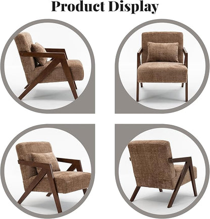 Mid Century Modern Accent Chair with Solid Wood Frame，Upholstered Chenille Living Room Arm Chairs with Pillow for Bedroom, Living Room, Reading Room, Balcony (1, Brown)