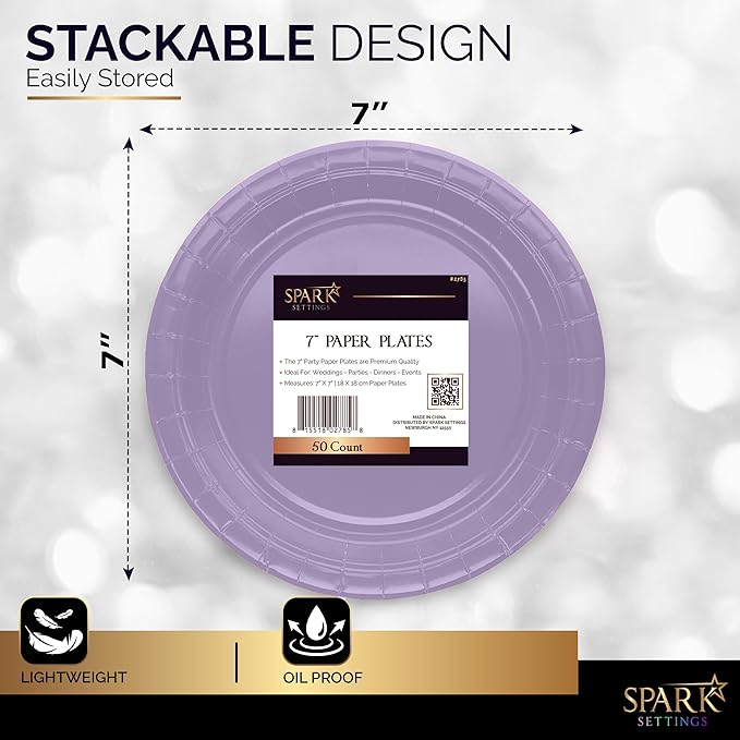 Lavender 6 3/4 Inches Paper Dessert Plates, Strong and Sturdy Disposable Plates for Party, Dinner, Holiday, Picnic, or Travel, Pack of 50