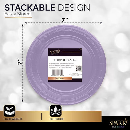 Lavender 6 3/4 Inches Paper Dessert Plates, Strong and Sturdy Disposable Plates for Party, Dinner, Holiday, Picnic, or Travel, Pack of 50