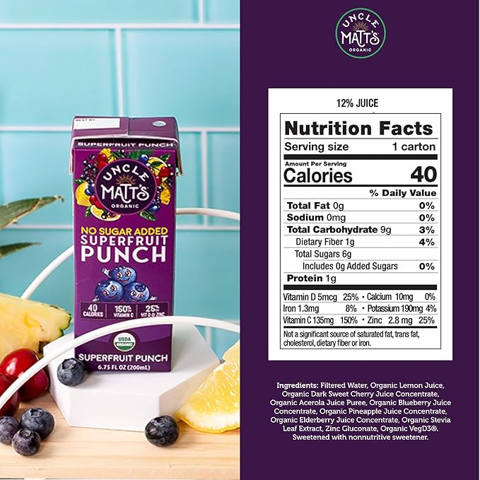 Uncle Matt’s Organic No Sugar Added Superfruit Punch Juice Boxes for Kids with Vitamin C, D, Zinc, Only 40 calories, 32 pack of 6.75 oz Boxes