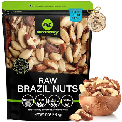 NUT CRAVINGS - Raw Brazil Nuts, Unsalted, No Shell, Whole, (80oz - 5 LB) Bulk Nuts Packed Fresh in Resealable Bag - Kosher Healthy Snack, Food Assortments