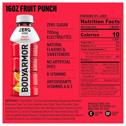 BODYARMOR ZERO Sugar Fruit Punch, Sugar Free Sports Drink - Low-Calorie Hydration - Natural Flavors with Potassium Packed Electrolytes, Antioxidants, and B-vitamins, 16 fl oz (pack of 12)