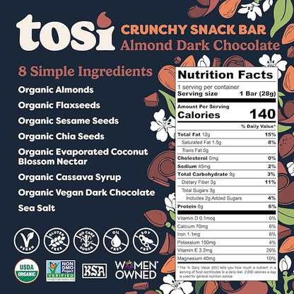 Tosi Nut Bars, Almond Dark Chocolate, Healthy Snacks for Adults & Kids, Plant Based Crunchy Bars (6G Protein), Organic Keto Snacks, Vegan, Gluten & Soy Free, Low Sugar, Omega 3s, 1oz, 12-Pack