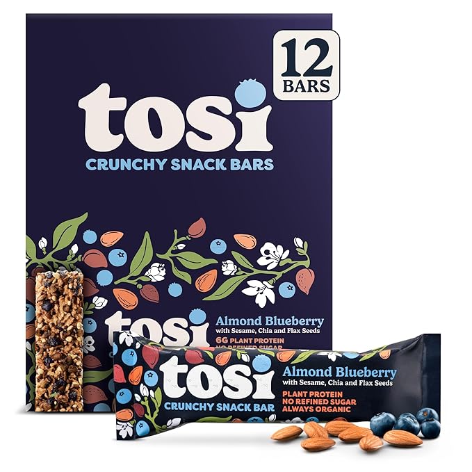 Tosi Nut Bars, Almond Blueberry, Healthy Snacks for Adults & Kids, Plant Based Crunchy Bars (5G Protein), Organic Keto Snacks, Vegan, Gluten & Soy Free, Low Sugar, Omega 3s, 1oz, 12-Pack