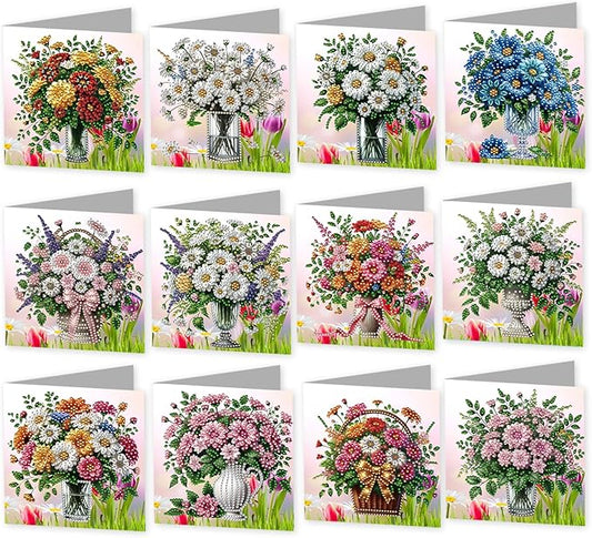 jinglinhh 12pcs Daisy Flower Vase Diamond Art Painting Greeting Cards with Envelopes, DIY Card Making Kits for Adults, Diamond Art Christmas Cards for Birthday Holiday Postcards Craft Gifts