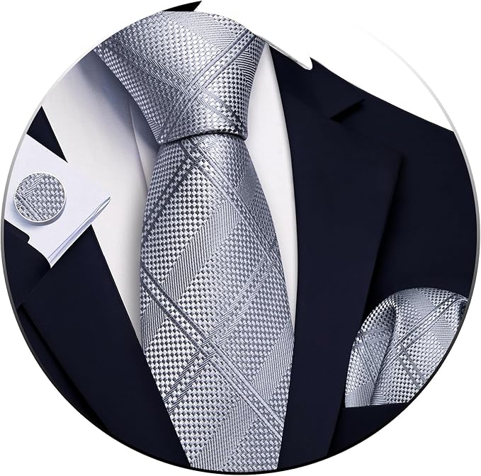 Barry.Wang Tie Sets for Men Silk Solid Necktie Stain Ties Handkerchief Pocket Square Cufflinks Wedding Business Dyed