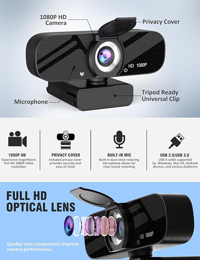 1080P Webcam with Microphone and Rotatable Tripod Wide Angle Camera for Desktop PC or Laptop Computer,Plug and Play, for Zoom/Skype/Teams, Conferencing and Video Calling
