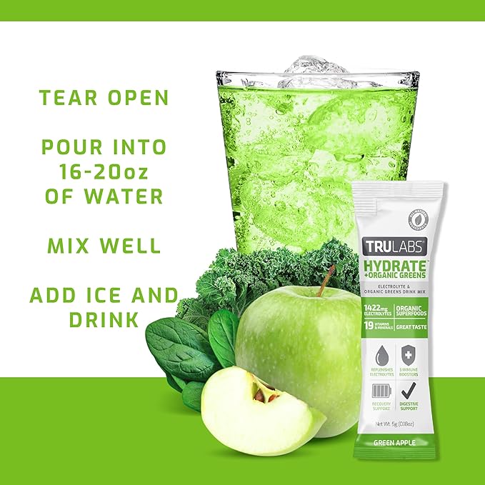 TRULABS Hydrate + Organic Greens - Green Apple. Sugar Free Electrolytes Hydration Packets. Each Serving Contains 1422 mg of Electrolytes &19 Vitamins & Minerals & 4 Organic Greens (6ct)