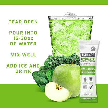 TRULABS Hydrate + Organic Greens - Green Apple. Sugar Free Electrolytes Hydration Packets. Each Serving Contains 1422 mg of Electrolytes &19 Vitamins & Minerals & 4 Organic Greens (6ct)