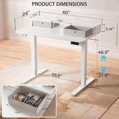 Electric Standing Desk with 2 Drawers 40''x 24'' Small Adjustable Height Sit to Stand Up Desk with Storage Shelf, C-Clamp Mount Compatible White Home Office Desks Computer Desk Ergonomic Workstation