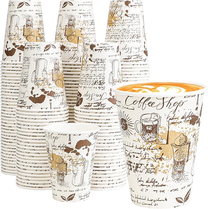 SIUQ 240 Pack 12oz Paper Coffee Cups, 12 Ounce Disposable Coffee Cups, Retro Design, Leak-Proof, Hot/Cold Beverage Drinking Cup for Chocolate, Cocoa, Coffee Bar Supplies