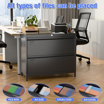 SUXXAN Metal 2 Drawer Lateral File Cabinet with Lock & Adjustable Feet - Wide Filing Cabinet for Letter/Legal/F4/A4 Hanging Files - Includes Business Card Holder,Home Office School Storage,Black
