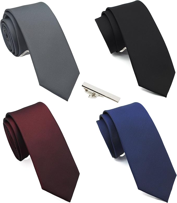 Skinny Solid Ties for Men, 2.5 inch Slim Plain Neckties 4-Pack
