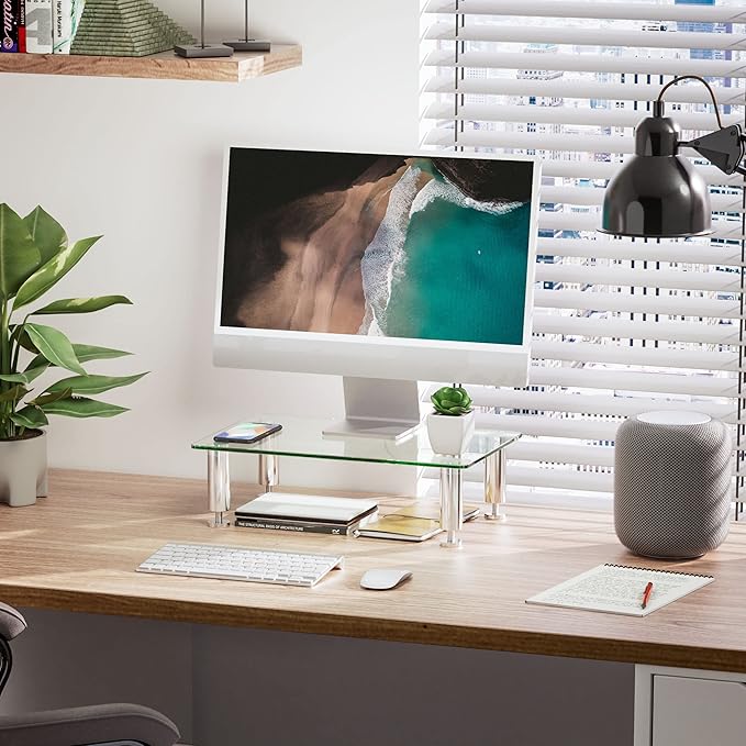 FITUEYES Monitor Stand –Adjustable Glass Computer Monitor Riser, Clear Desktop Stand for Laptop TV Computer Screen, Desk Organization, Office Supplies, DT103814GC, 4Pack
