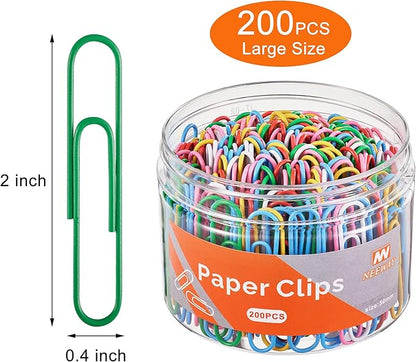 NEEWAY 200pcs Colored Paper Clips, 2 Inch Large Paper Clip, Jumbo Paperclips, Paper Clips Assorted Colors (Pack of 2)
