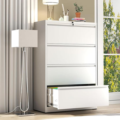 File Cabinet with Lock, 4 Drawer Lateral Filing Cabinet for Home Office, White Metal Heavy Duty File Cabinets for Hanging Letter/Legal/F4/A4 Size Files, Assembly Required