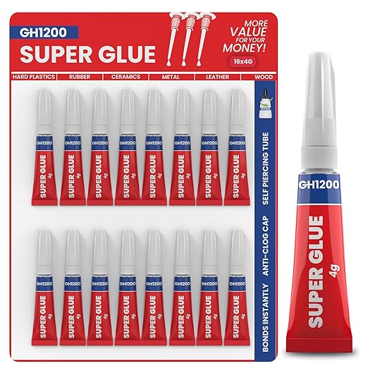 GH1200 - Super Glue for All Purpose - 4 Gram x 16 PCs Super Fast, Thick & Strong Adhesive Superglue - Cyanoacrylate Glue for Hard Plastics, DIY Craft, Ceramics, Frame, Leather, Metal Etc