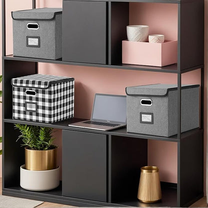 Collapsible File Box with Lid & Plastic Slide - Hanging Document Organizer for Office/Home, 14.96x12.6x10.83 Inch,Decorative Home File Bin,Black and White Lattice, 1 Pack