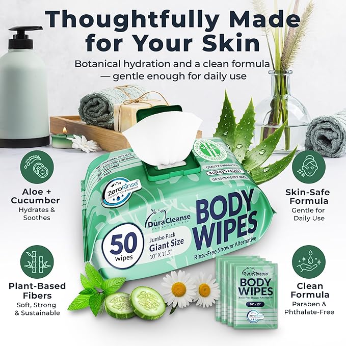 Body Wipes for Women, Extra Moist No Rinse Bathing Wipes (2pk), 100 XL Shower Cloths + 8 Deodorizing Bath Cloths - 10 x 11.5" Travel Size After Gym Cleaning Essentials, Toiletries for Womens Hygiene