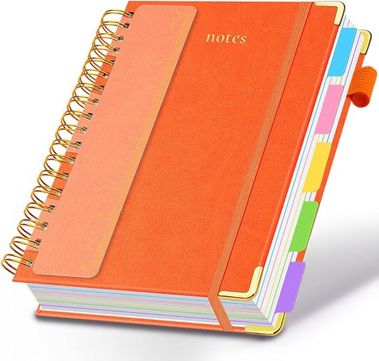 Hardcover Spiral Notebook 8.5"x11" Journal Notebook with Tabs and Removable Dividers 300 Pages 5 Subject Notebook College Ruled, Faux Leather Spiral Bound Notebook for Women School Work (Orange)