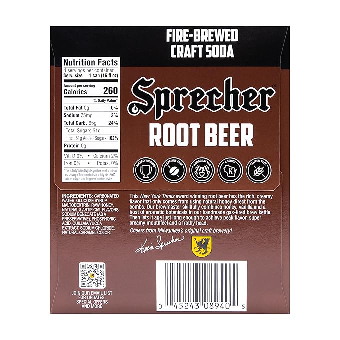Sprecher Root Beer, Fire-Brewed Gourmet Craft Soda with Real Honey, Caffeine Free, Gluten Free, 16 fl oz Cans (12 Pack)