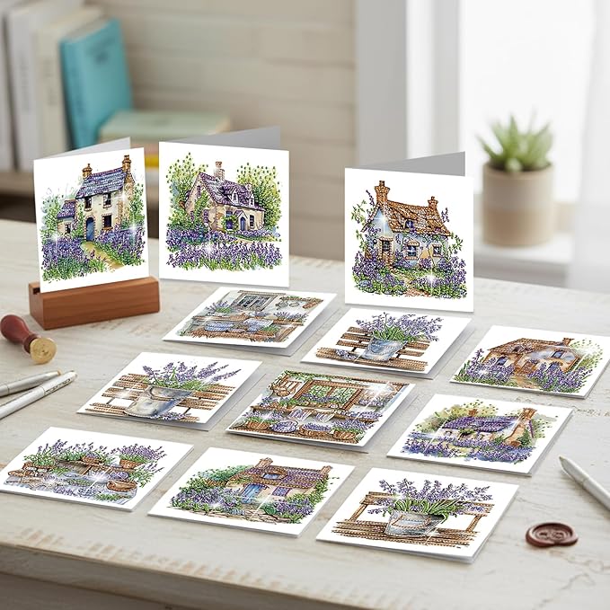 jinglinhh 12pcs Diamond Art Painting Lavender Flower House Bench Greeting Cards with Envelopes, DIY Card Making Kits for Adults, Diamond Art Postcards Christmas Cards Craft Gifts