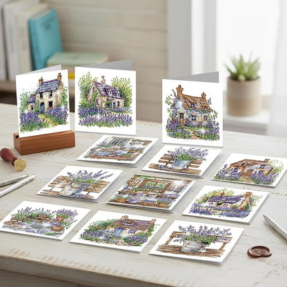jinglinhh 12pcs Diamond Art Painting Lavender Flower House Bench Greeting Cards with Envelopes, DIY Card Making Kits for Adults, Diamond Art Postcards Christmas Cards Craft Gifts