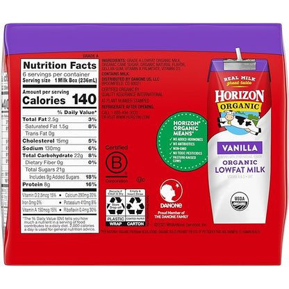 Horizon Organic Shelf Stable 1% Lowfat Vanilla Milk Boxes, 8 fl oz, 6 Count - 8g Protein per Serving, USDA Organic UHT, Ready to Drink for Lunchbox, Travel, or On-the-Go, No Refrigeration Needed