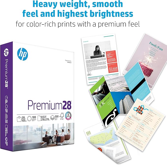HP Printer Paper | 8.5 x 11 Paper | Premium 28 lb | 1 Ream - 500 Sheets | 100 Bright | Made in USA - FSC Certified | 205200R
