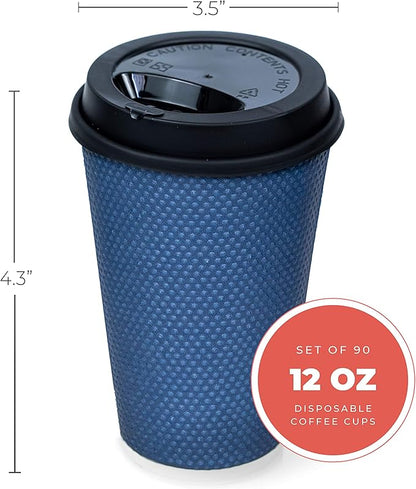 Disposable Coffee Cups With Lids - 12 oz Togo Coffee Cup With Lid (80 Set). To go Travel Paper Hot Cups Insulated For Hot and Cold Beverage Drinks, No Sleeves Needed (Midnight Blue)