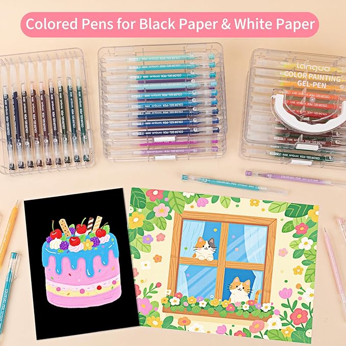 Gel Pens For Coloring, 72 Pack Colored Pens for Black Paper & White Paper, 0.6MM Fine Point Pens for Coloring, Writing, Drawing, Journaling, Note Taking, School, Office, Home