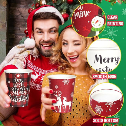 Hallswl 200 Pieces 12 oz Christmas Paper Cups with Lids, Disposable Coffee Cups for Cold Beverage Hot Drinking,Snowflake Snowman Truck Elk Plaid Pattern To Go Cup for Christmas Decorations