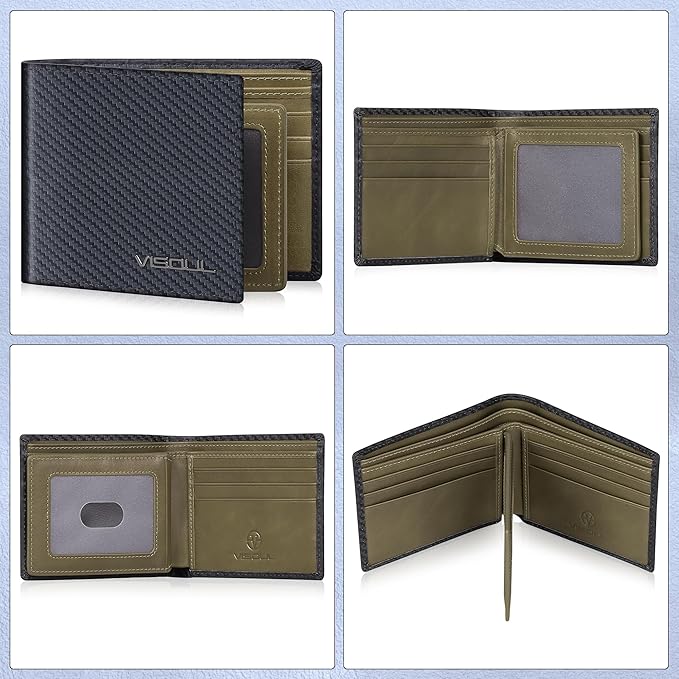 VISOUL Leather Mens Bifold RFID Blocking Wallet with 2 ID Windows, Leather Wallet for Men (Carbon Fiber, Black+Green)