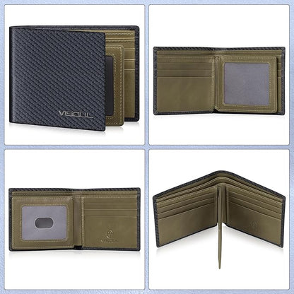 VISOUL Leather Mens Bifold RFID Blocking Wallet with 2 ID Windows, Leather Wallet for Men (Carbon Fiber, Black+Green)