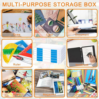 6 Pack A4 File Portable Project Case, Plastic Storage Box for 8.5" x 11" Letter Paper, Documents Magazines Holder Scrapbook Paper Storage Boxes (blue)