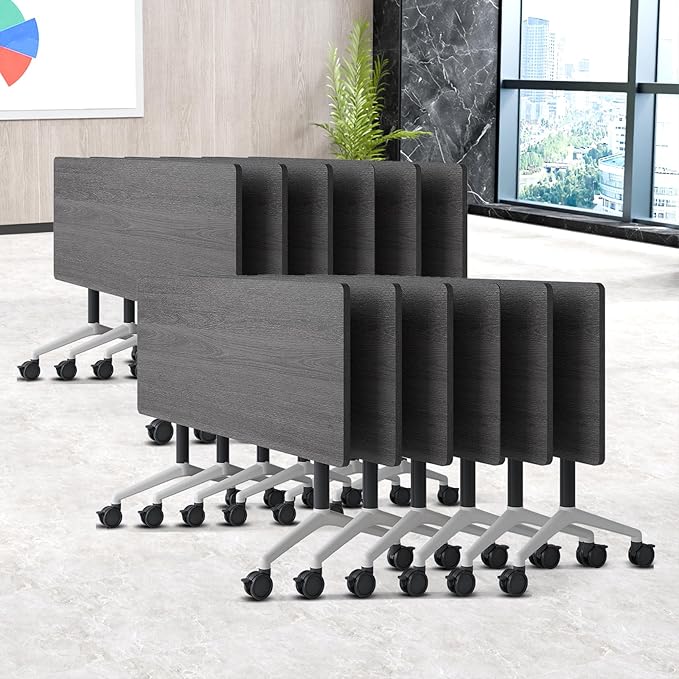 Folding Conference Table, Conference Room Tables Foldable Large Meeting Seminar Table on Wheels,Flip Top Boardroom Training Tables for Office, Classroom,Meeting (12, Grey, 55.1in)
