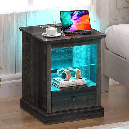 Rresyet Living Room End Table Set of 2, Side Tables with LED Lights & Charging Station & Adjustable Shelf, Storage End Tables with Drawer, Bedroom Nightstands