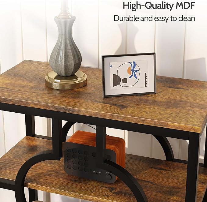 End Table, Narrow Side Table with 3-Tier Storage Shelves, Wood Sofa Side Table with Geometric Metal Frame for Living Room, Industrial Bedside Nightstand for Bedroom (Brown)