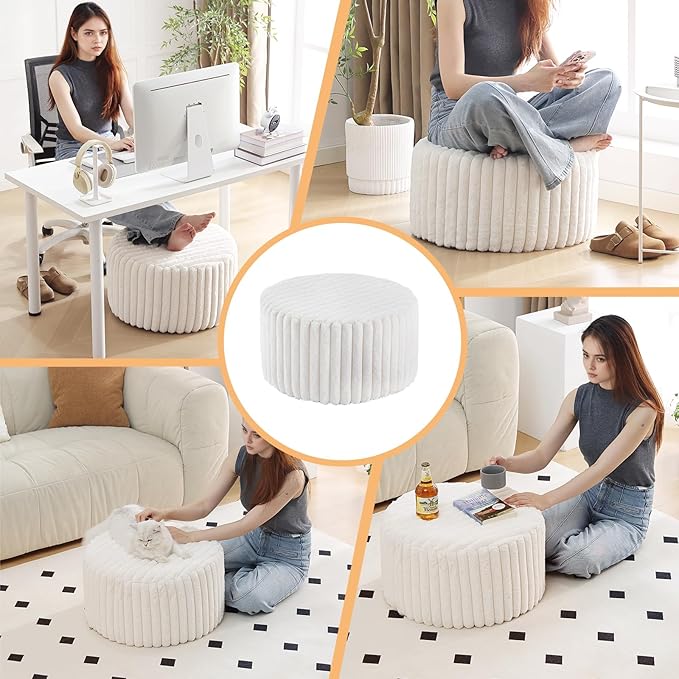 Tiita Round Stuffed Pouf Ottoman, Stripe Faux Fur Poufs with Foam Chunk Filling, Furry and Fluffy Pouf 21×21×12 inch Foot Stool Storage Ottoman,Puff Office Foot Rest for Couch Living Room, Beige